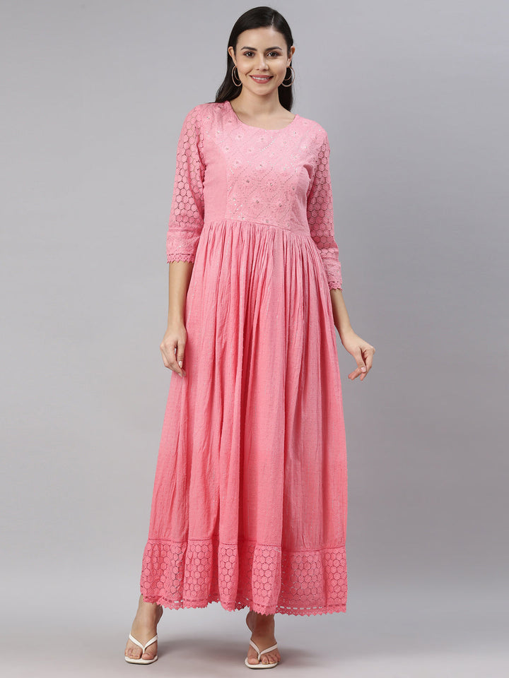 Neerus Pink embroidered ethnic maxi dress - front view