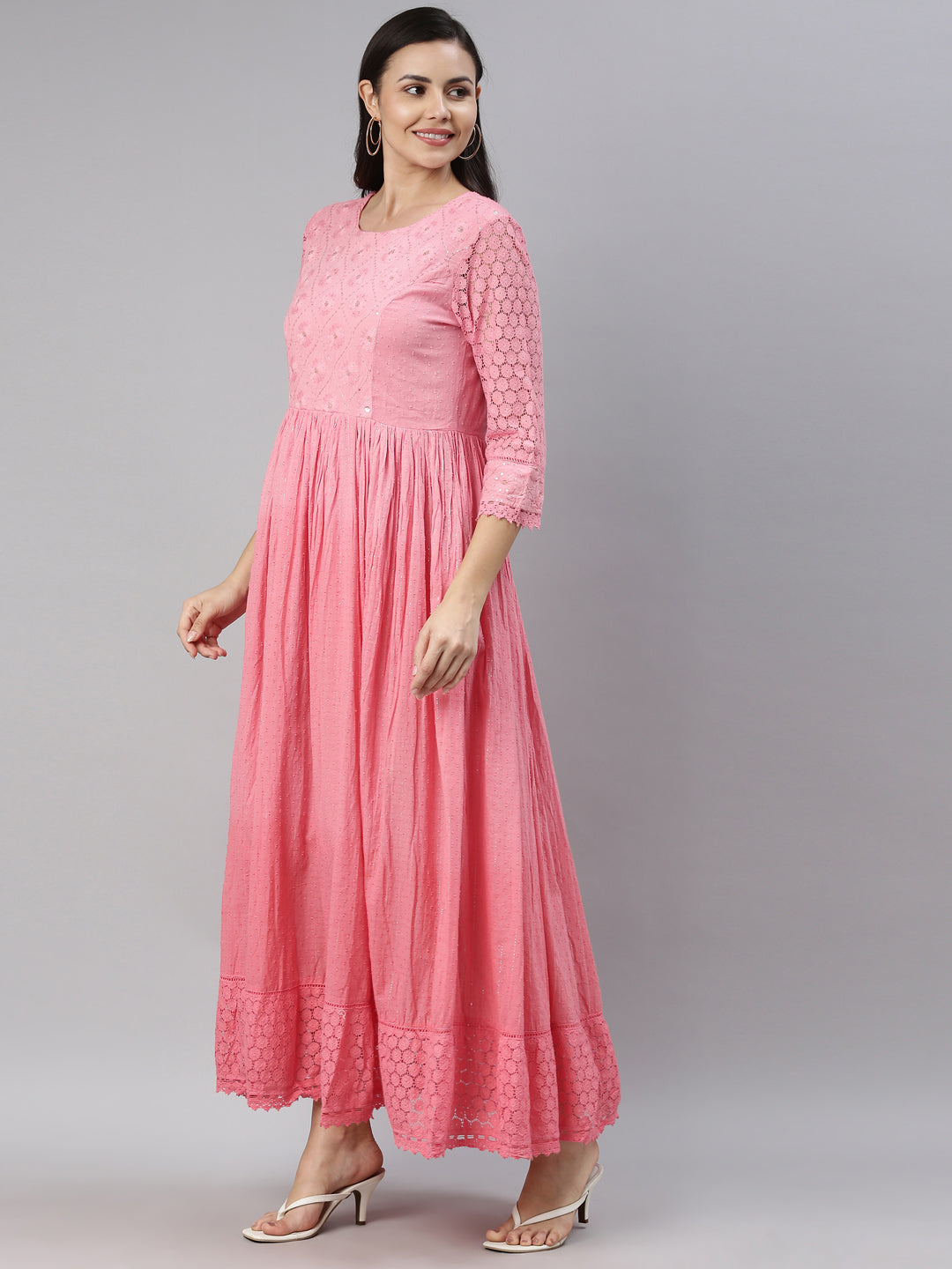 Neerus Pink embroidered ethnic maxi dress - back view