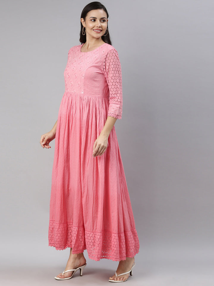 Neerus Pink embroidered ethnic maxi dress - back view