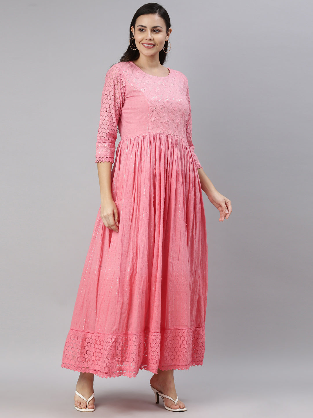 Neerus Pink embroidered ethnic maxi dress - detail view 3