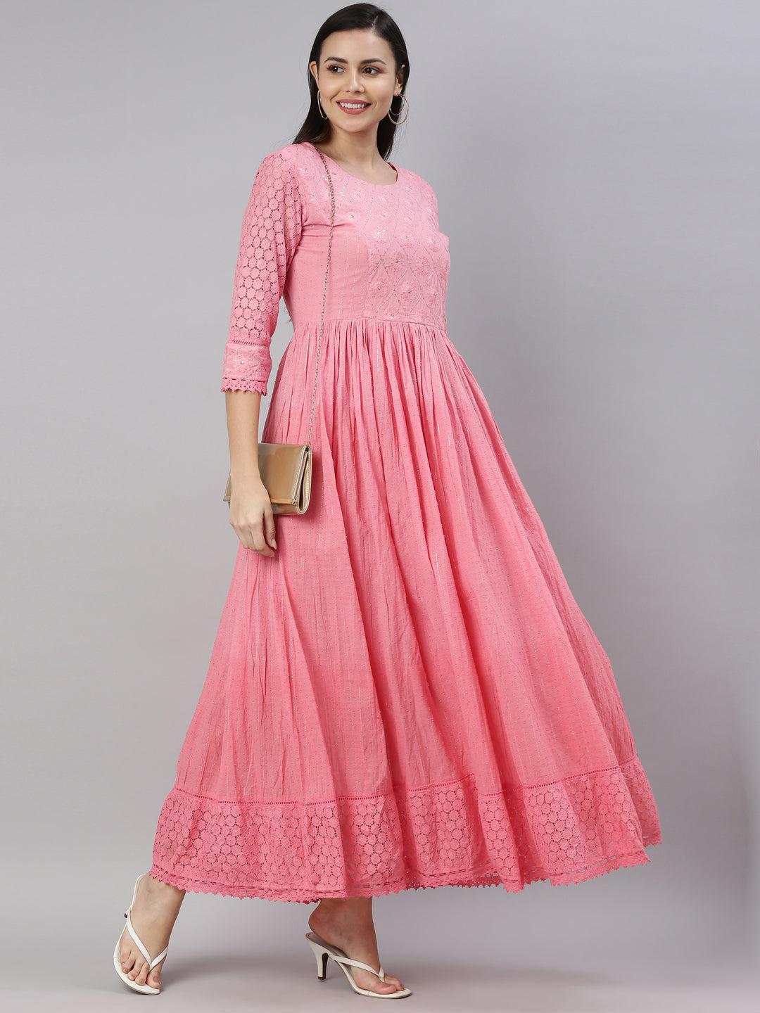 Neerus Pink embroidered ethnic maxi dress - side view