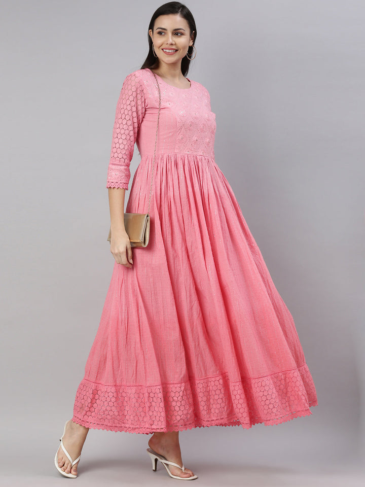 Neerus Pink embroidered ethnic maxi dress - side view