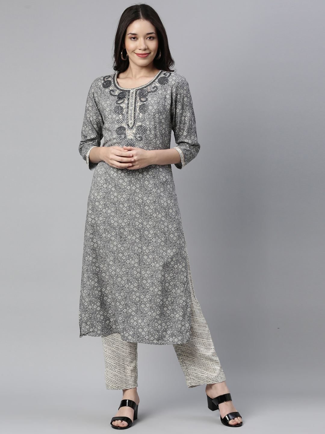Neerus Grey printed floral kurta set with trousers - front view