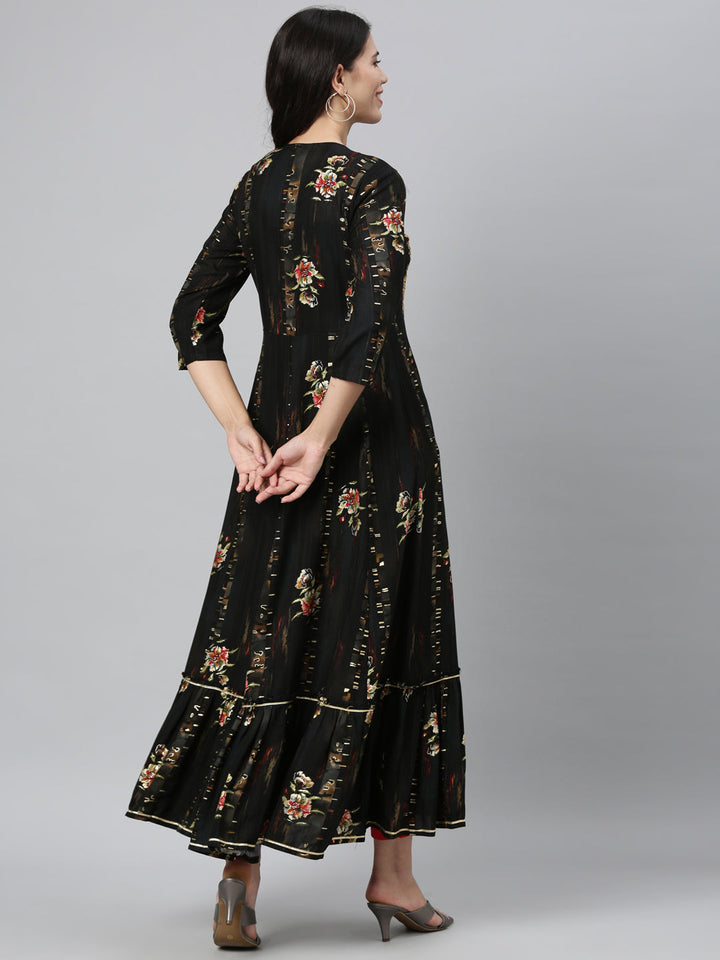 Neerus Black embroidered anarkali kurta floral ethnic motifs - side view