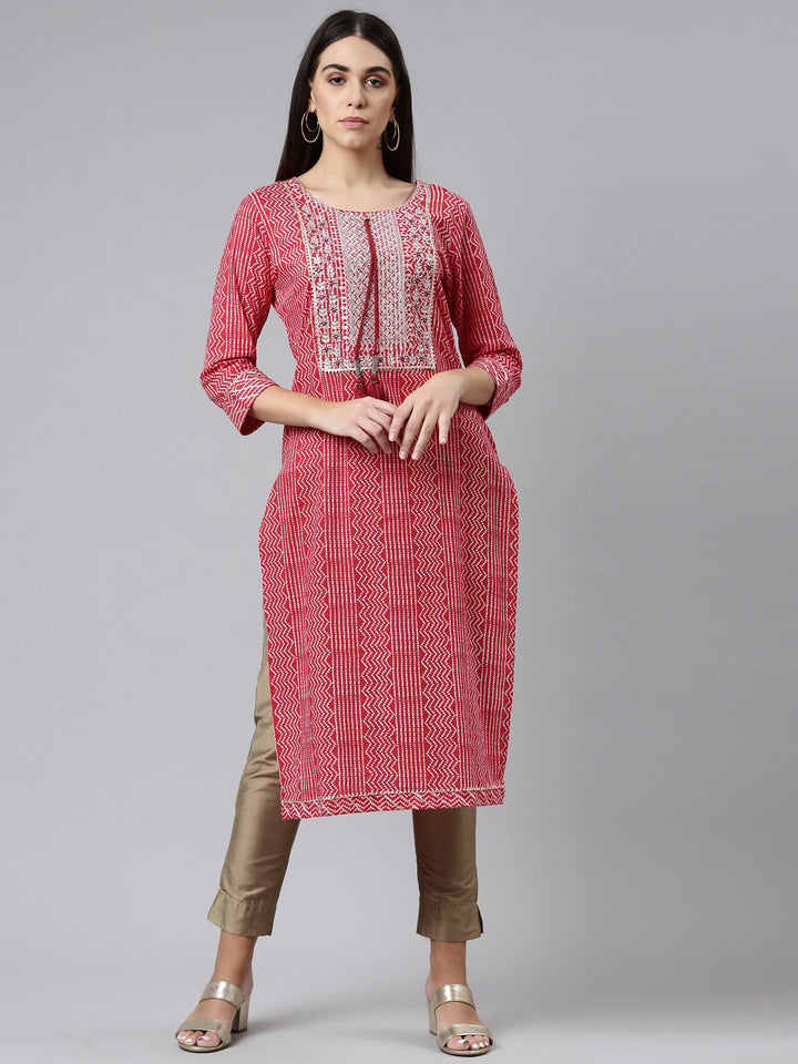 Neerus Red cotton printed kurta ethnic motifs - front view