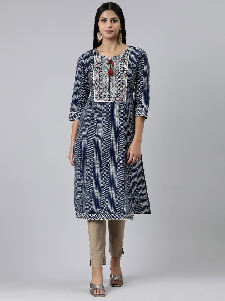 Neerus Blue cotton printed kurti bandhani straight - front view