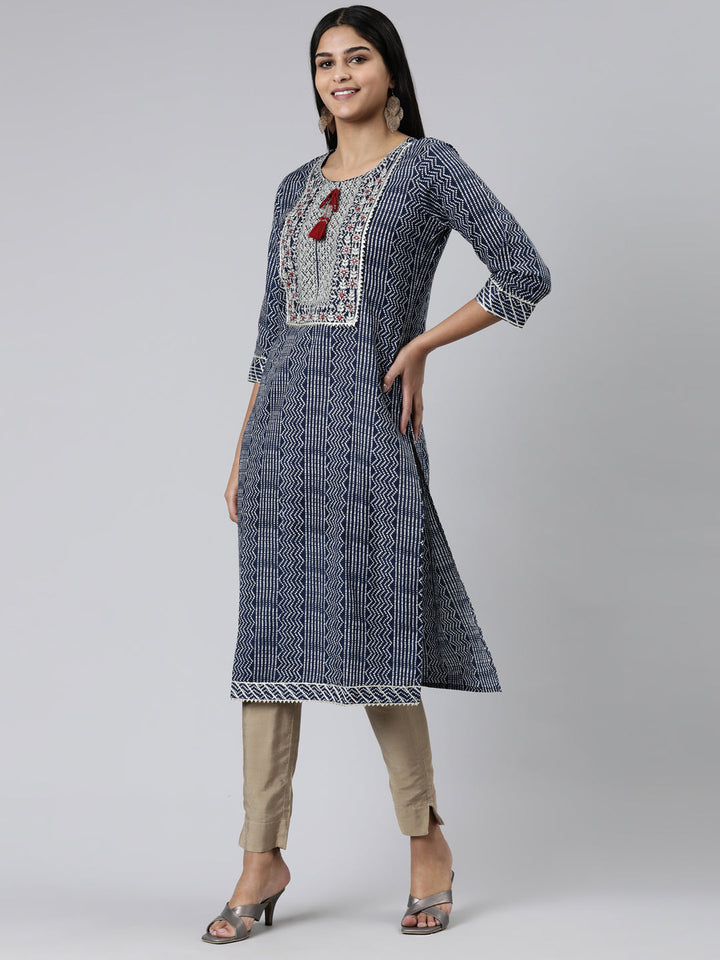 Neerus Blue cotton printed kurti bandhani straight - back view