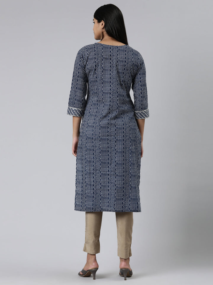 Neerus Blue cotton printed kurti bandhani straight - side view