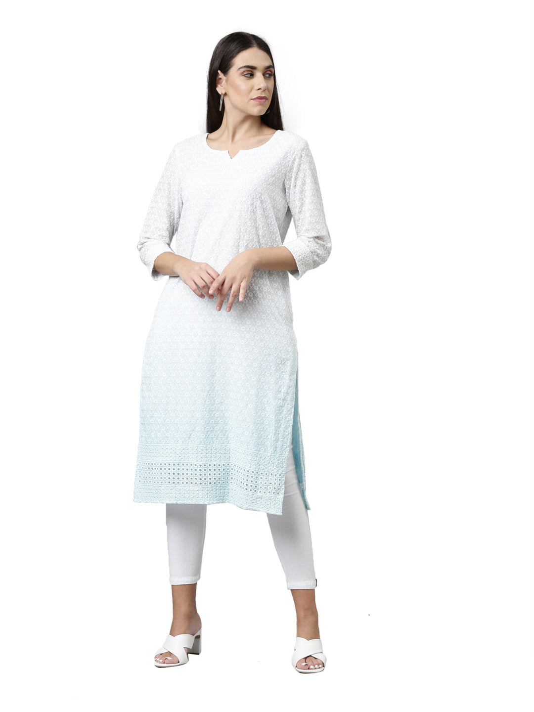 Neerus Blue cotton chikankari kurti - front view