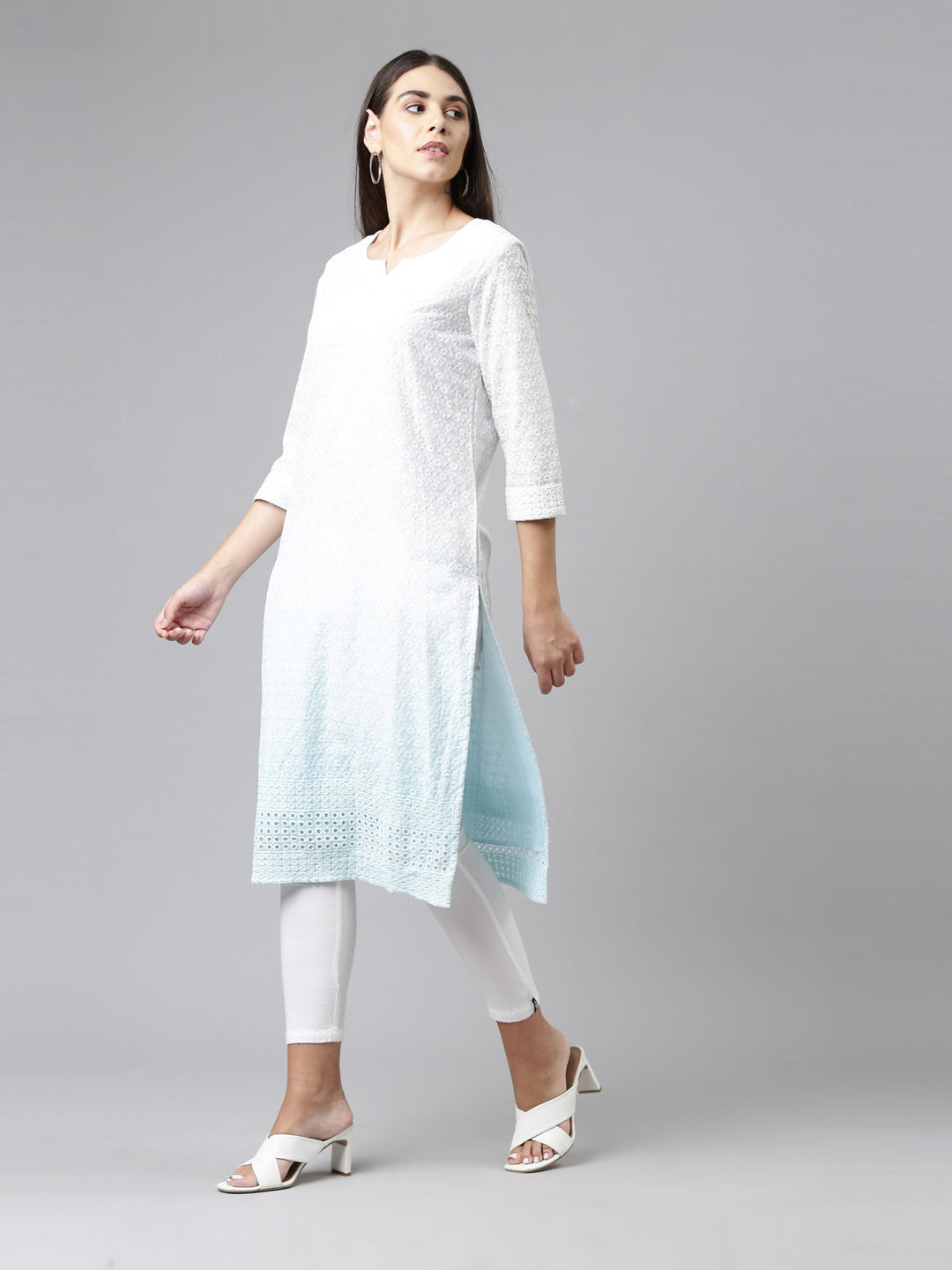 Neerus Blue cotton chikankari kurti - back view