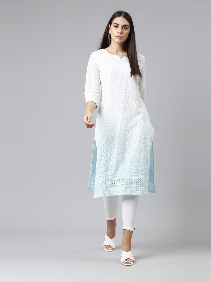 Neerus Blue cotton chikankari kurti - detail view 2