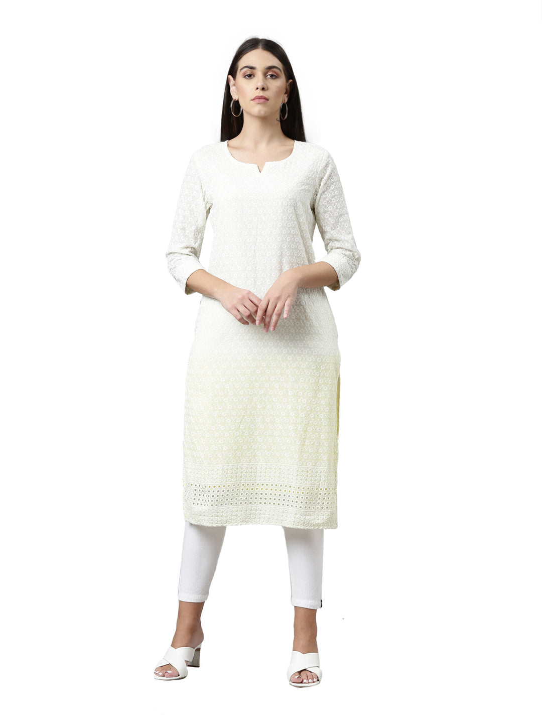 Neerus Yellow cotton chikankari kurti - front view