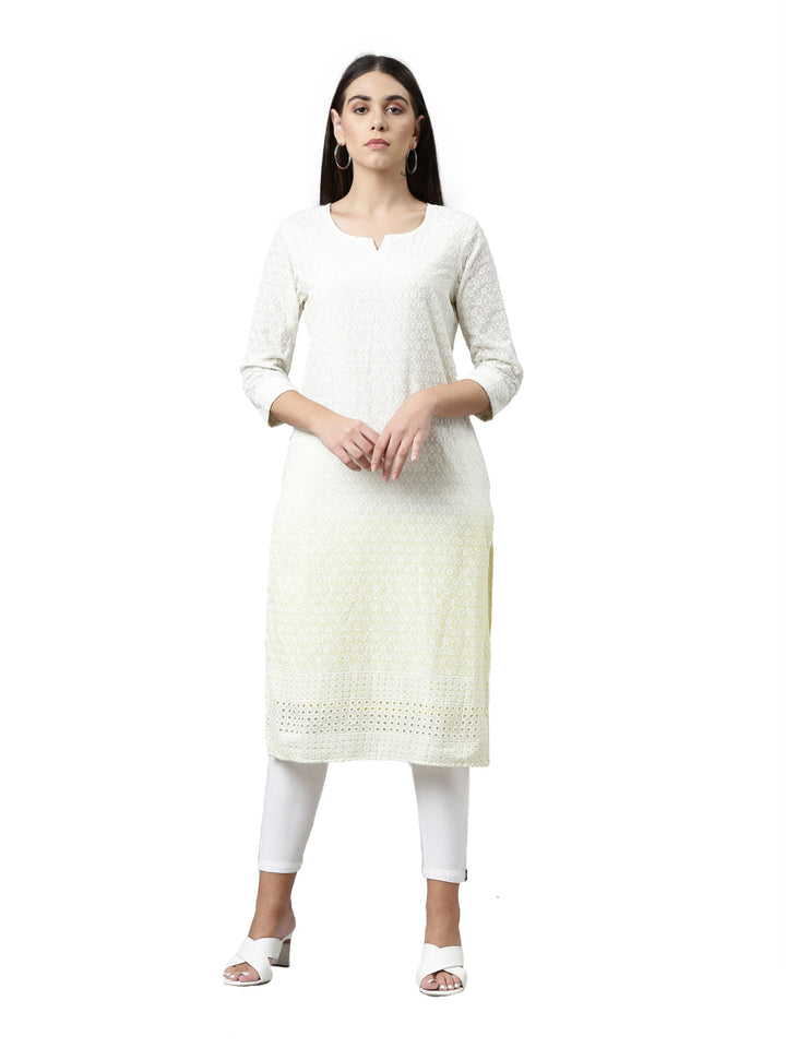 Neerus Yellow cotton chikankari kurti - front view
