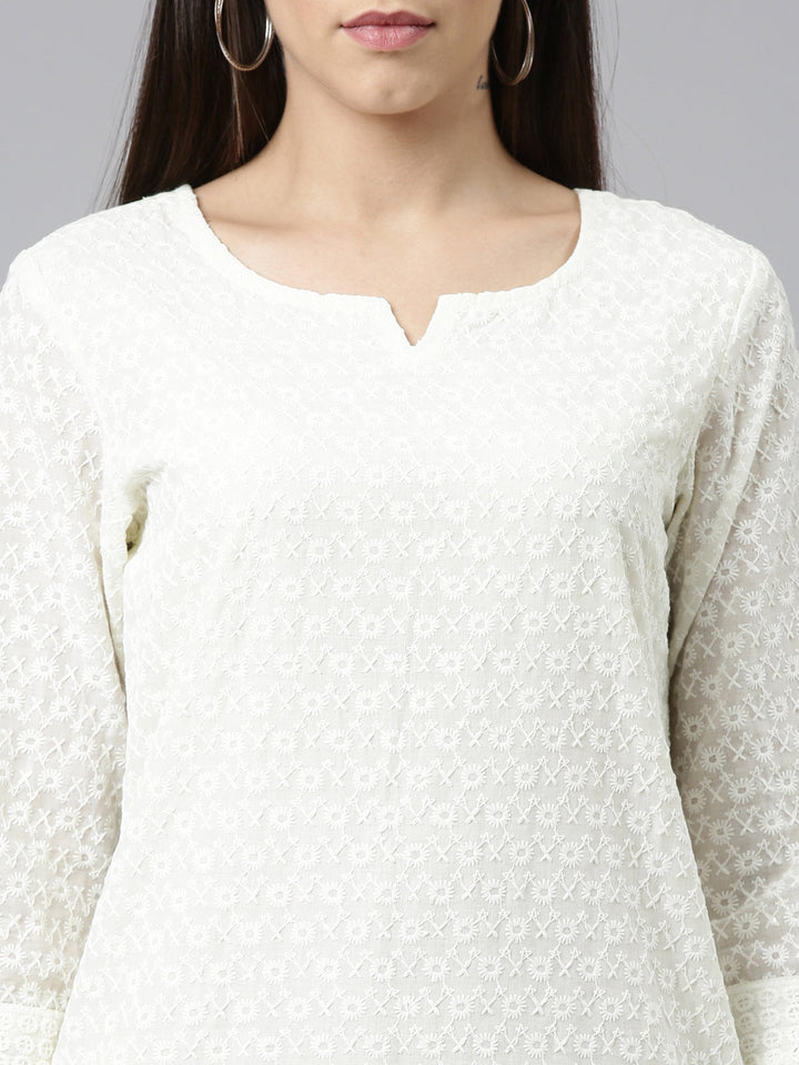 Neerus Yellow cotton chikankari kurti - detail view 1