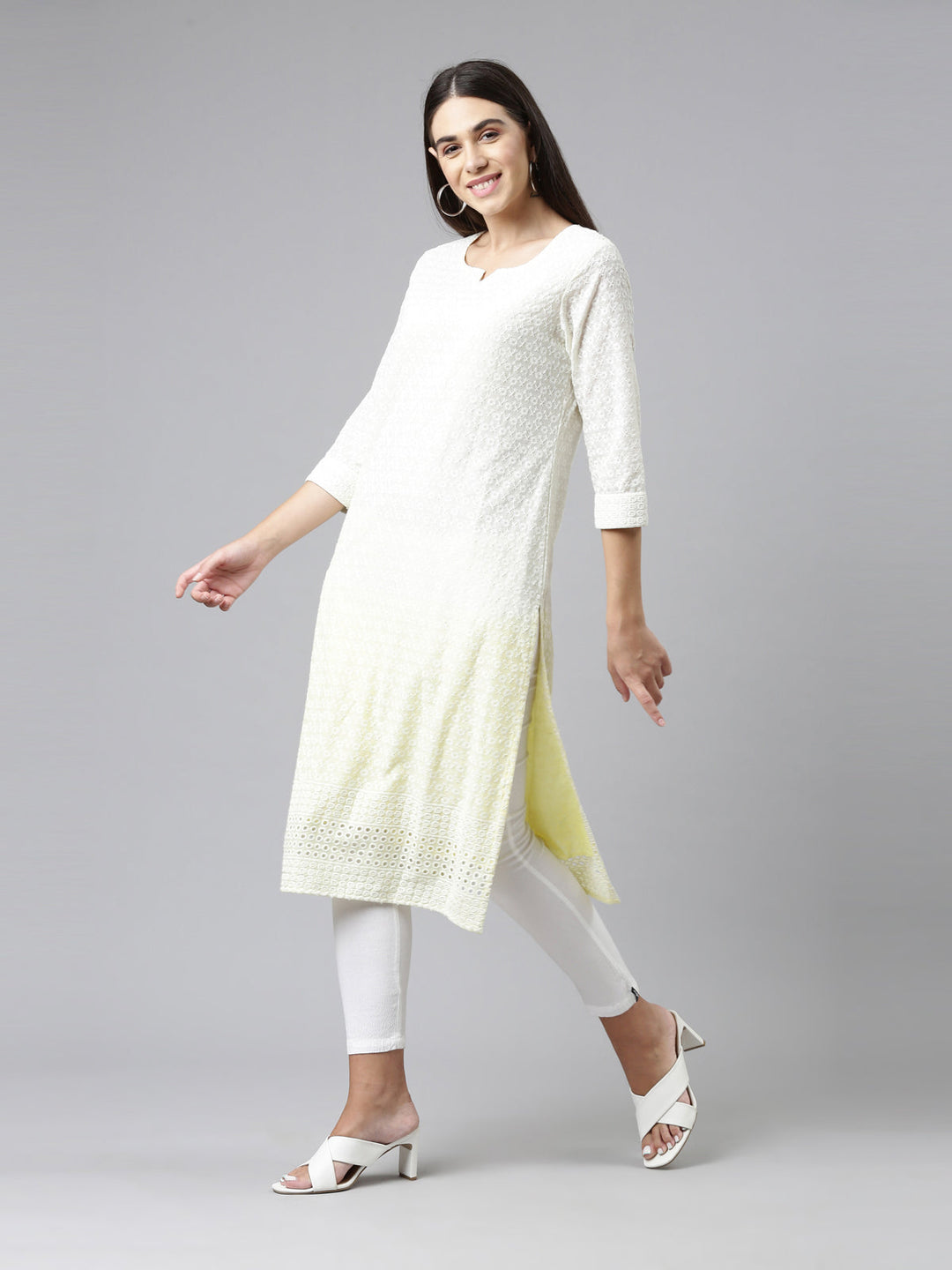 Neerus Yellow cotton chikankari kurti - back view
