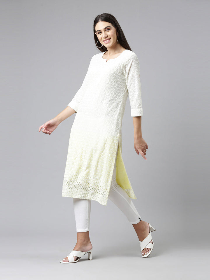 Neerus Yellow cotton chikankari kurti - back view