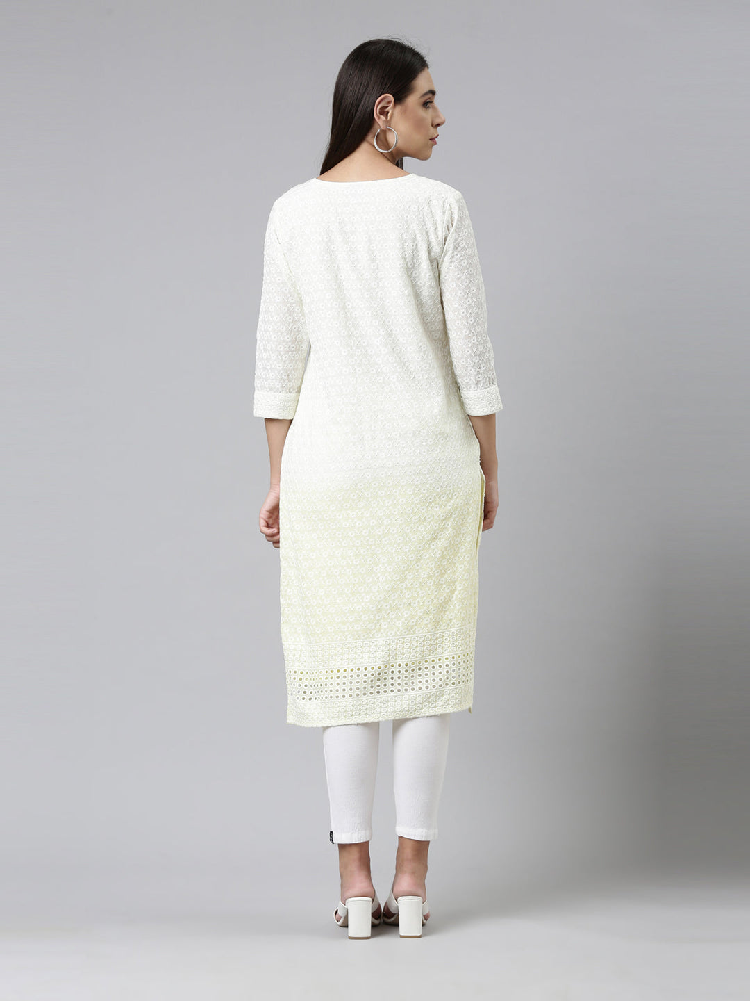 Neerus Yellow cotton chikankari kurti - side view