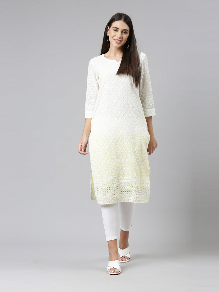 Neerus Yellow cotton chikankari kurti - detail view 2