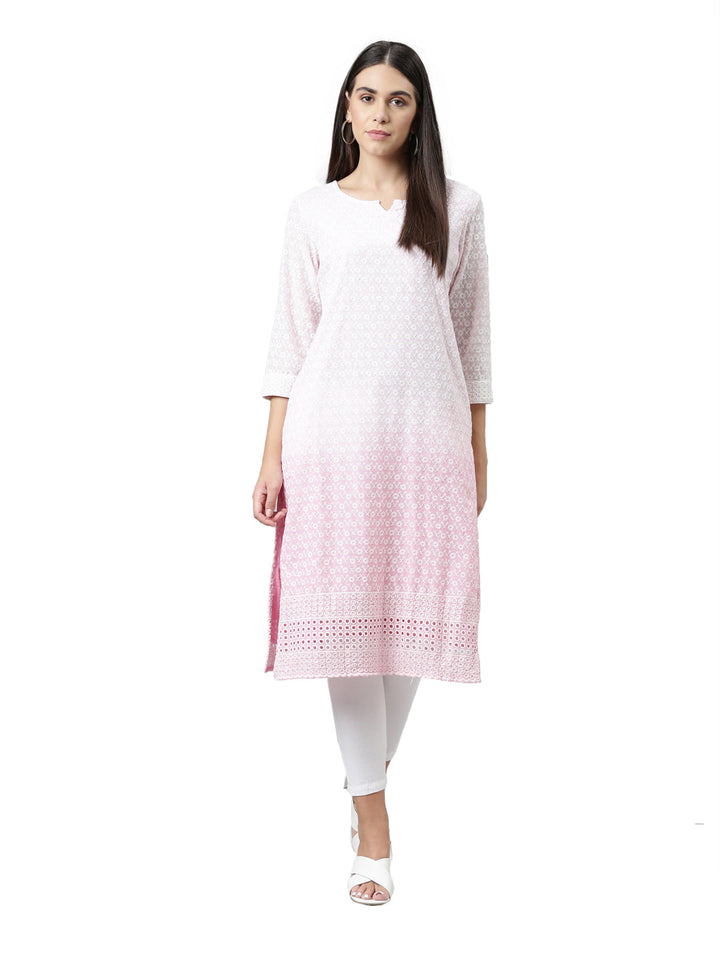 Neerus Pink cotton chikankari kurta ethnic motifs - front view