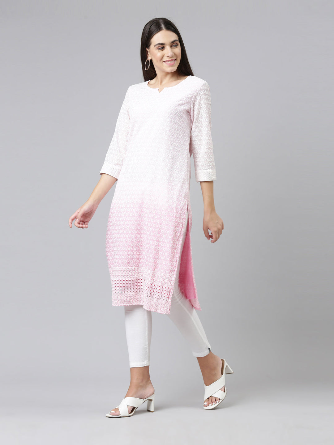 Neerus Pink cotton chikankari kurta ethnic motifs - side view
