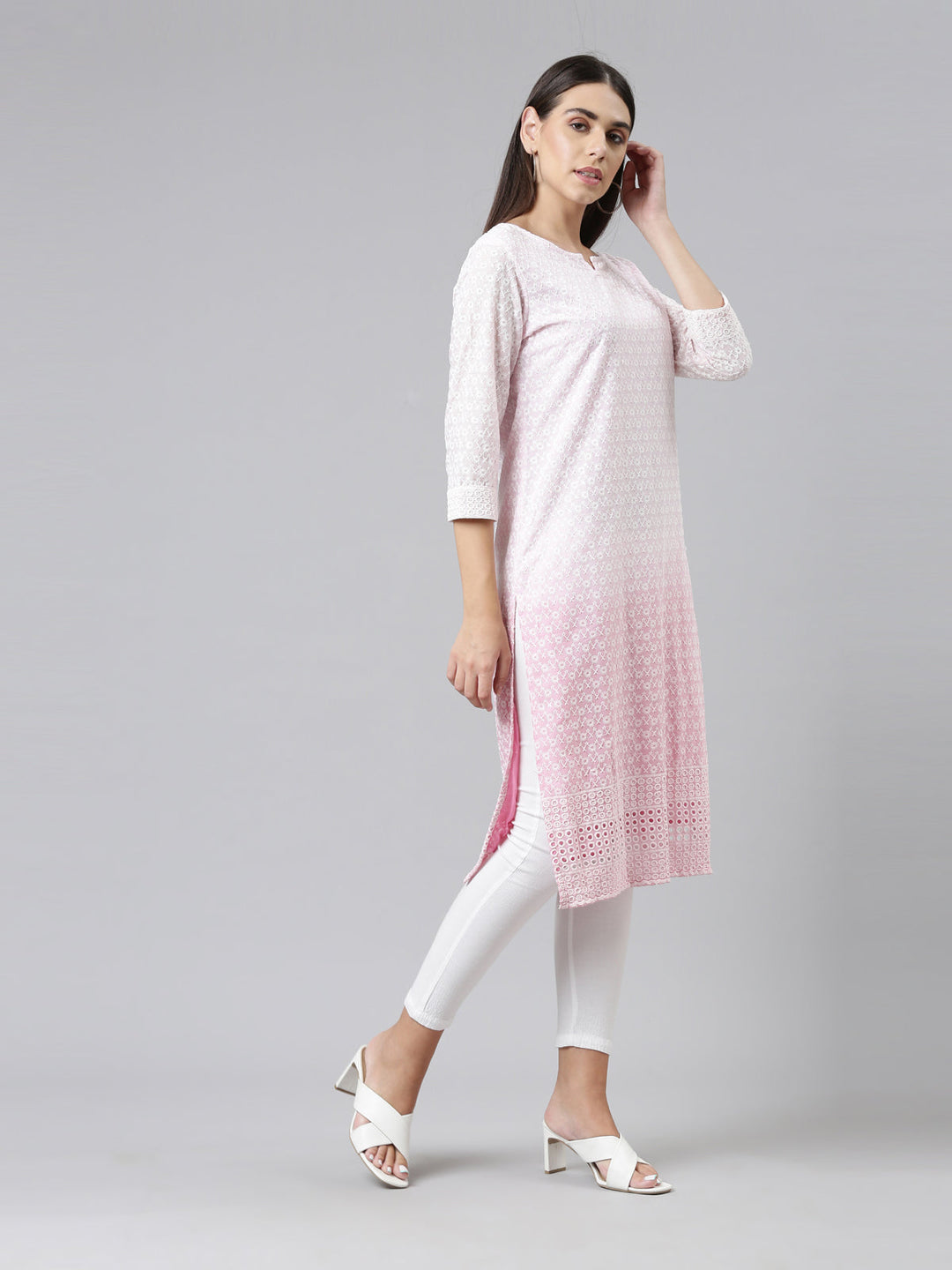 Neerus Pink cotton chikankari kurta ethnic motifs - detail view 1