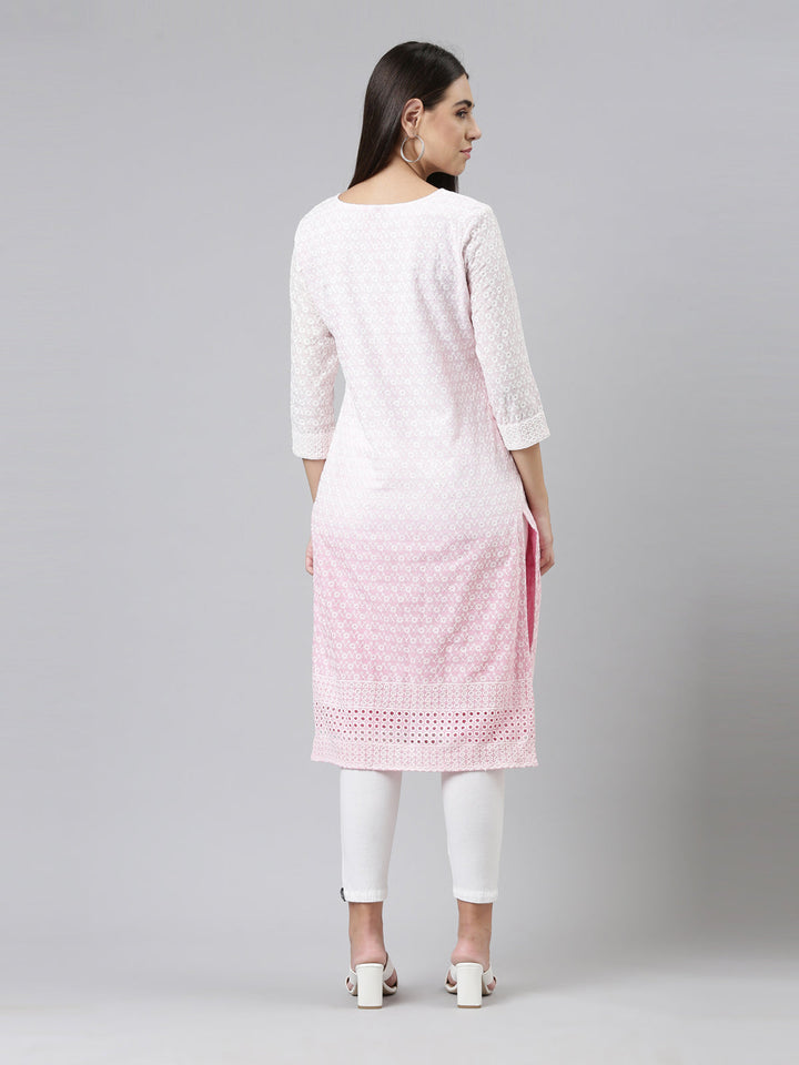 Neerus Pink cotton chikankari kurta ethnic motifs - detail view 2