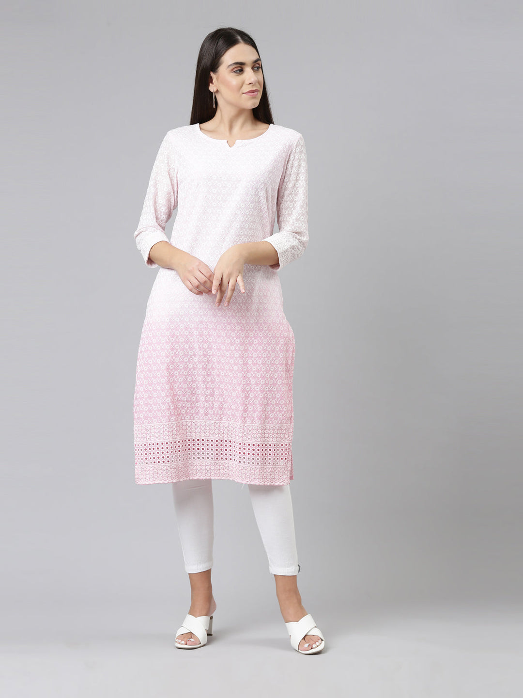 Neerus Pink cotton chikankari kurta ethnic motifs - detail view 3