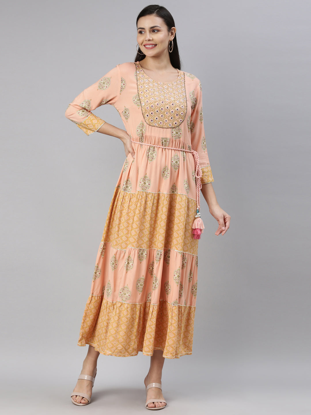 Neerus Orange floral printed midi dress - front view