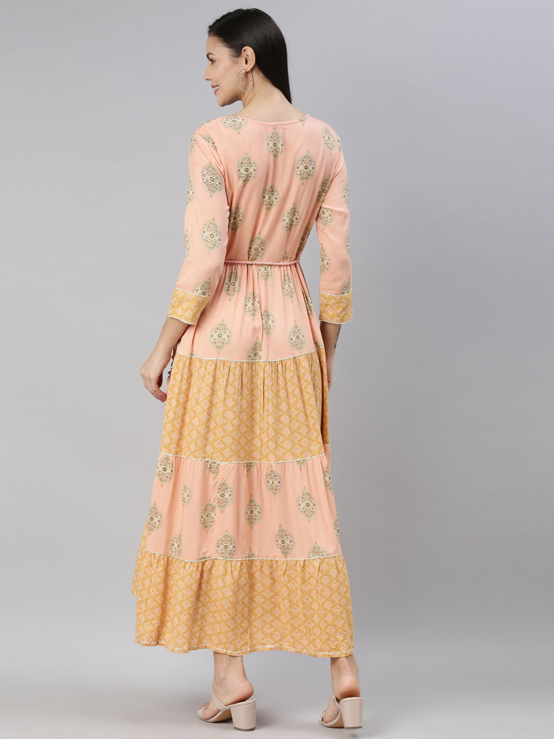 Neerus Orange floral printed midi dress - side view