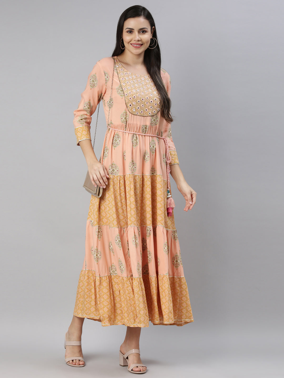 Neerus Orange floral printed midi dress - detail view 2