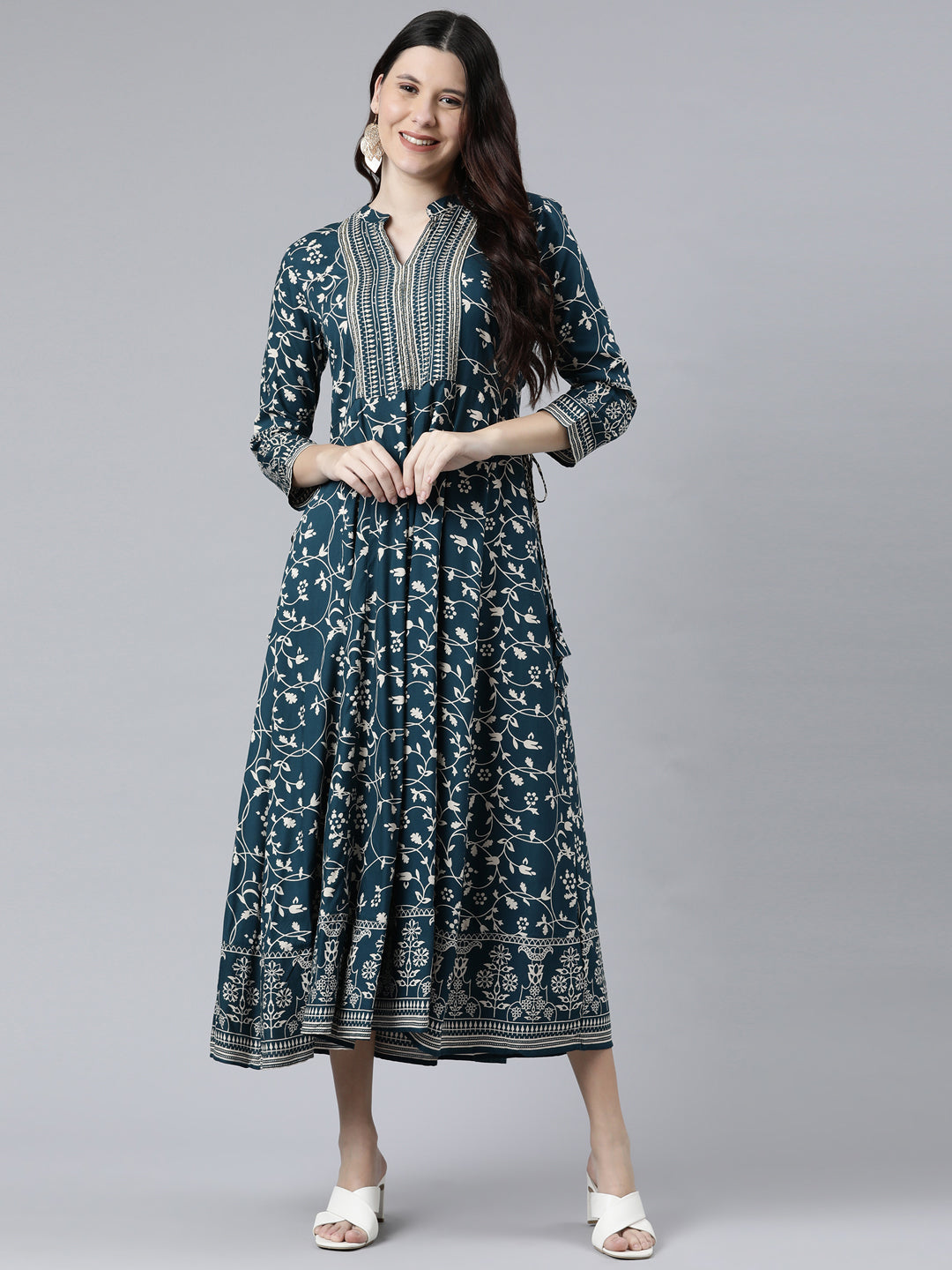 Neerus Green printed Anarkali kurti - detail view 2