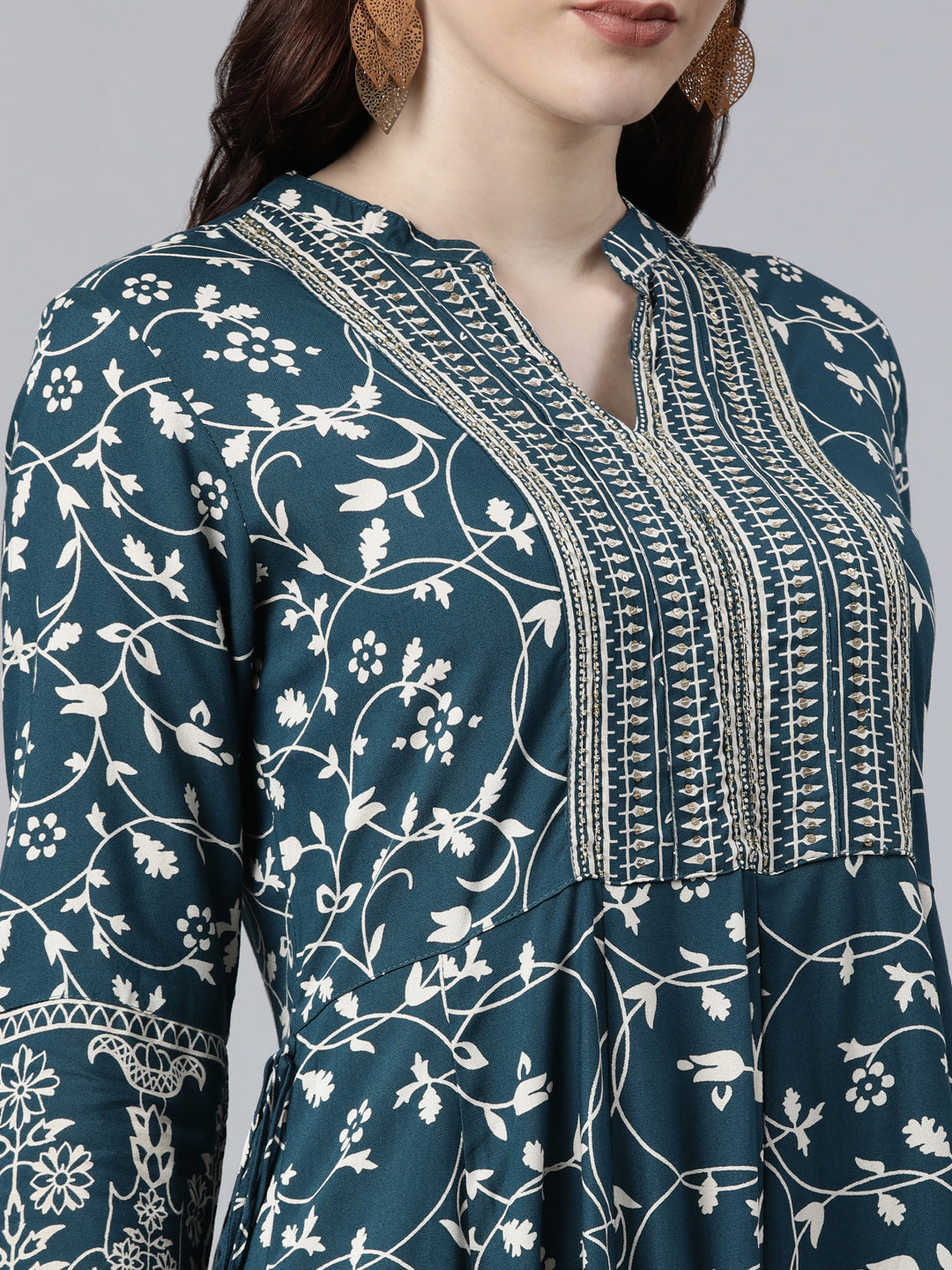 Neerus Green printed Anarkali kurti - detail view 1