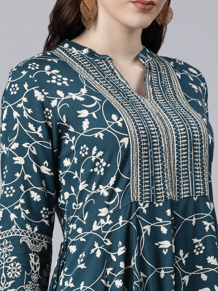 Neerus Green printed Anarkali kurti - detail view 1