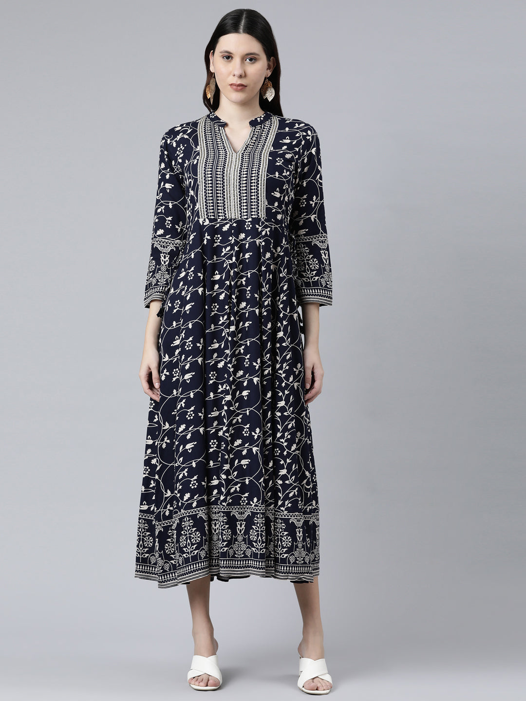 Neerus Blue Rayon Solid Dress - front view