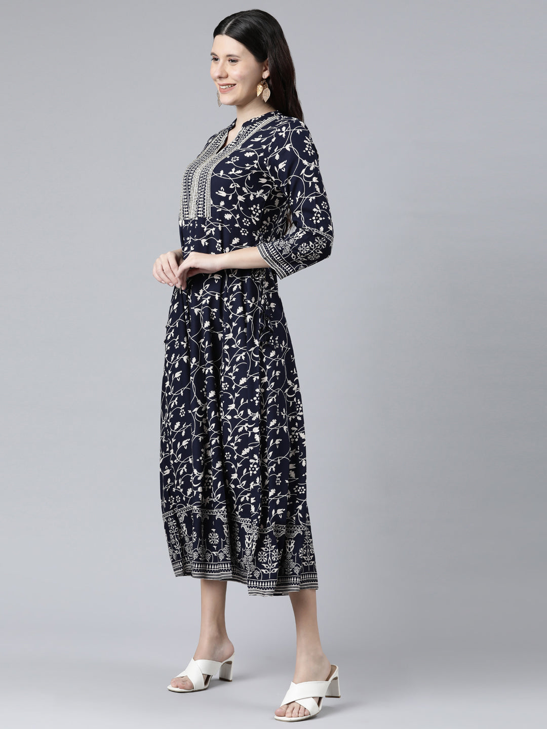 Neerus Blue Rayon Solid Dress - back view