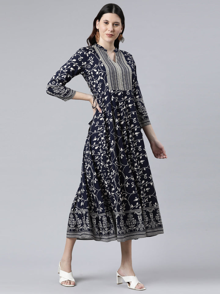 Neerus Blue Rayon Solid Dress - detail view 2