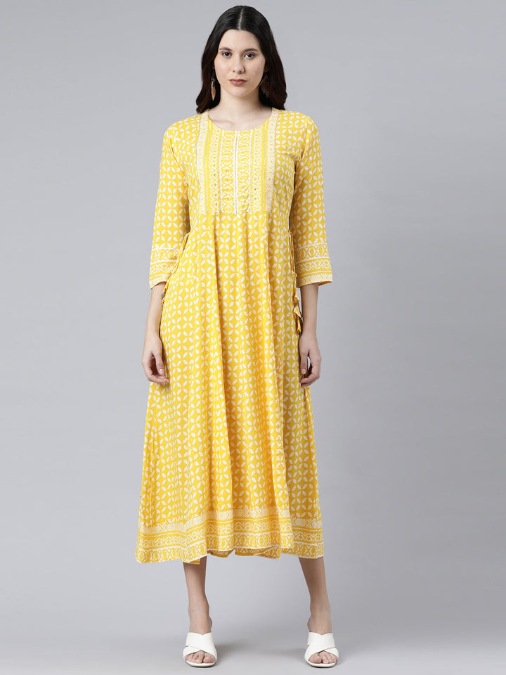Neerus Yellow printed Anarkali Kurti - front view