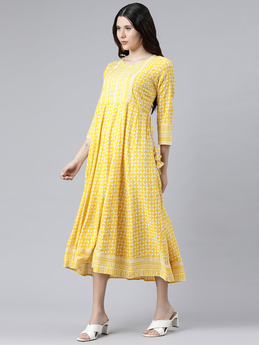Neerus Yellow printed Anarkali Kurti - back view