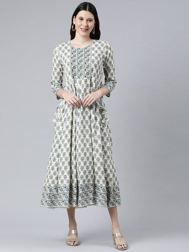 Neerus Blue rayon printed kurti - front view
