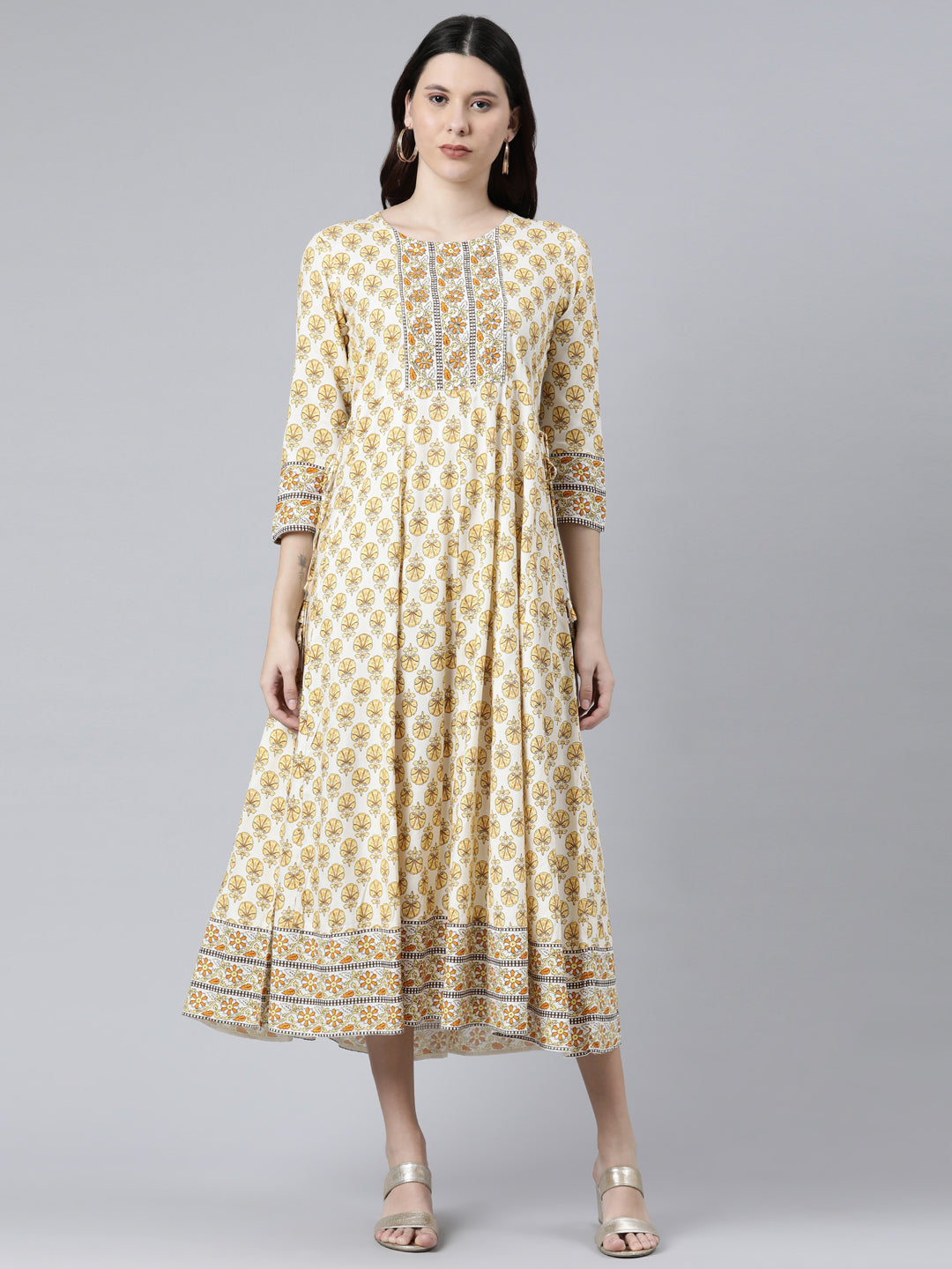 Neerus Yellow Rayon Printed Floral Dress - front view