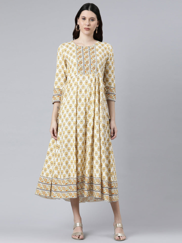 Neerus Yellow Rayon Printed Floral Dress - front view