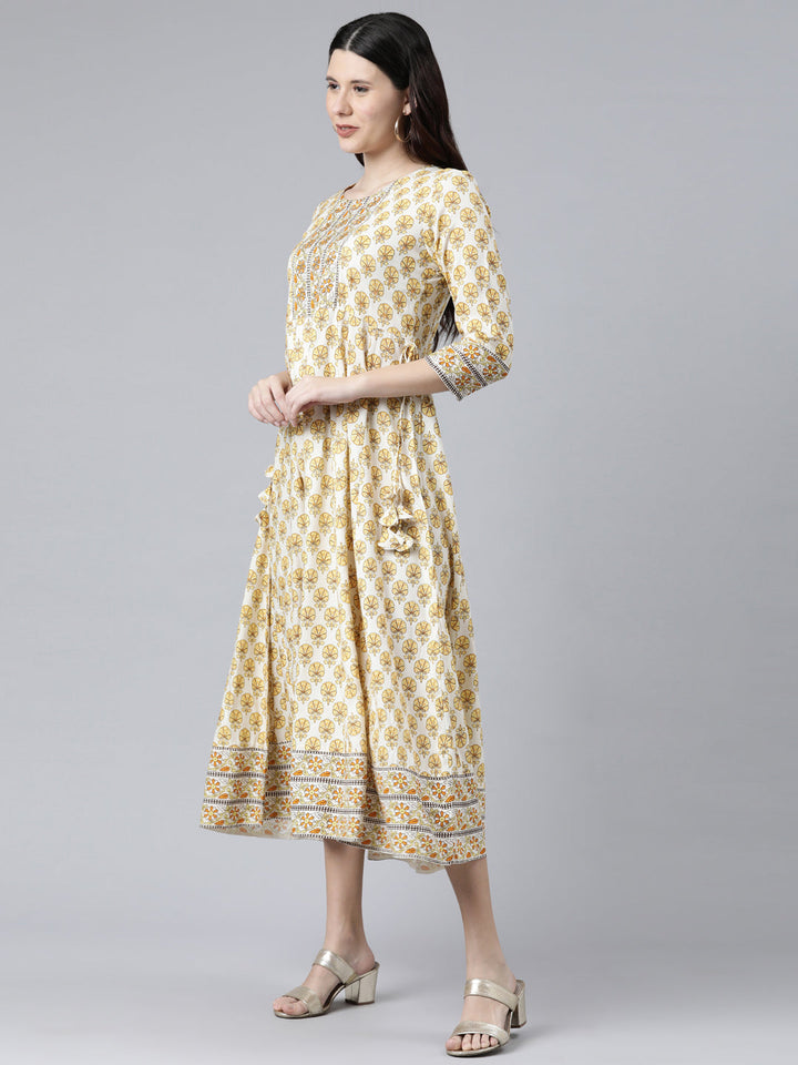 Neerus Yellow Rayon Printed Floral Dress - back view