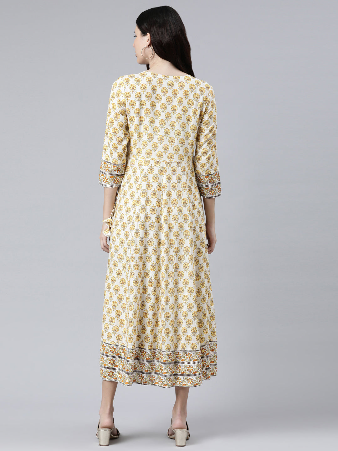 Neerus Yellow Rayon Printed Floral Dress - side view