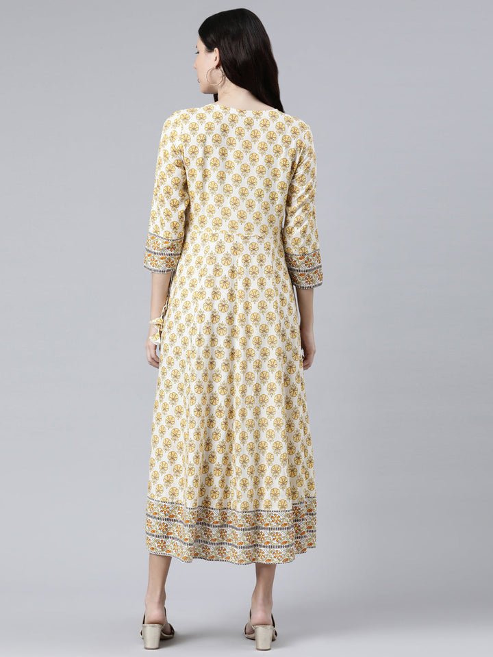 Neerus Yellow Rayon Printed Floral Dress - side view