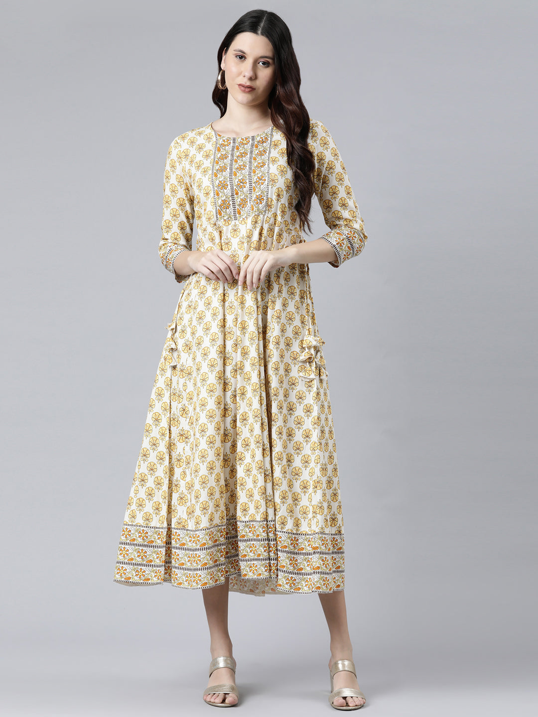 Neerus Yellow Rayon Printed Floral Dress - detail view 2