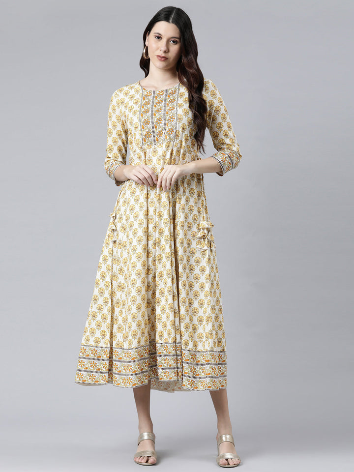 Neerus Yellow Rayon Printed Floral Dress - detail view 2