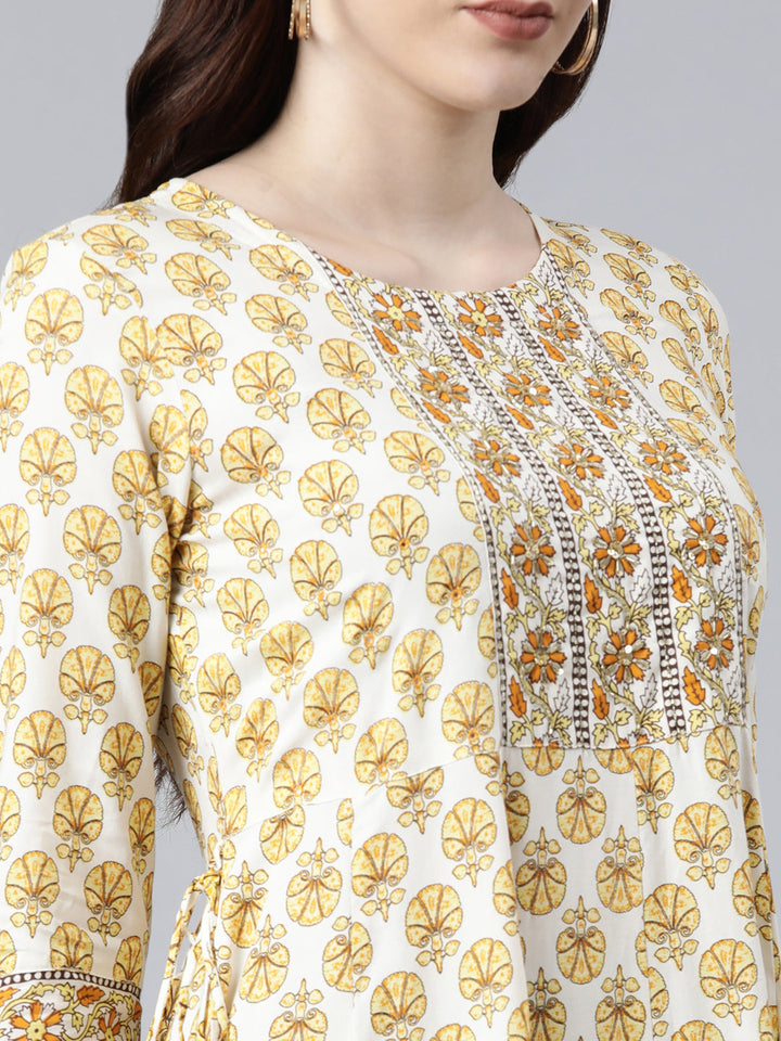 Neerus Yellow Rayon Printed Floral Dress - detail view 1
