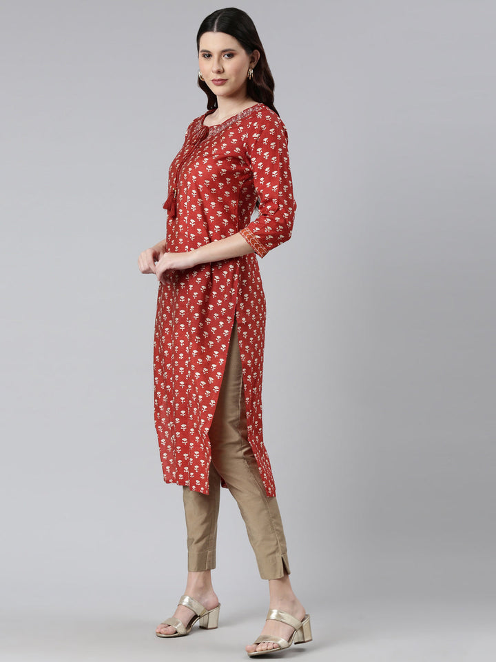 Neerus Orange modal floral printed kurti - back view