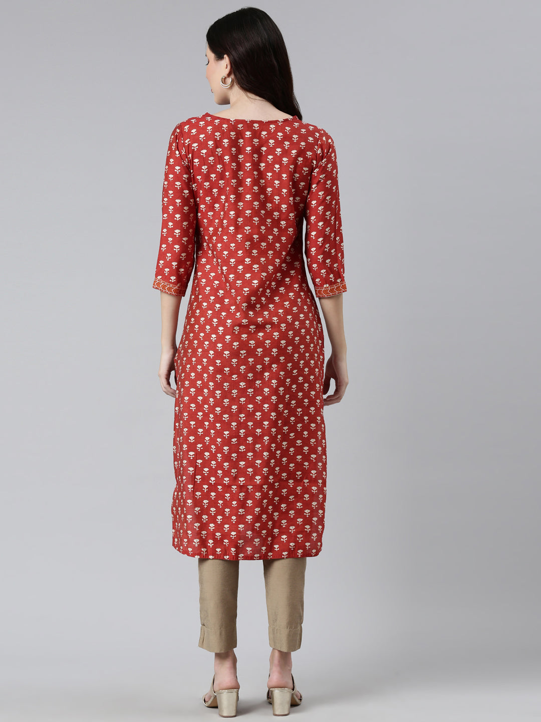 Neerus Orange modal floral printed kurti - side view