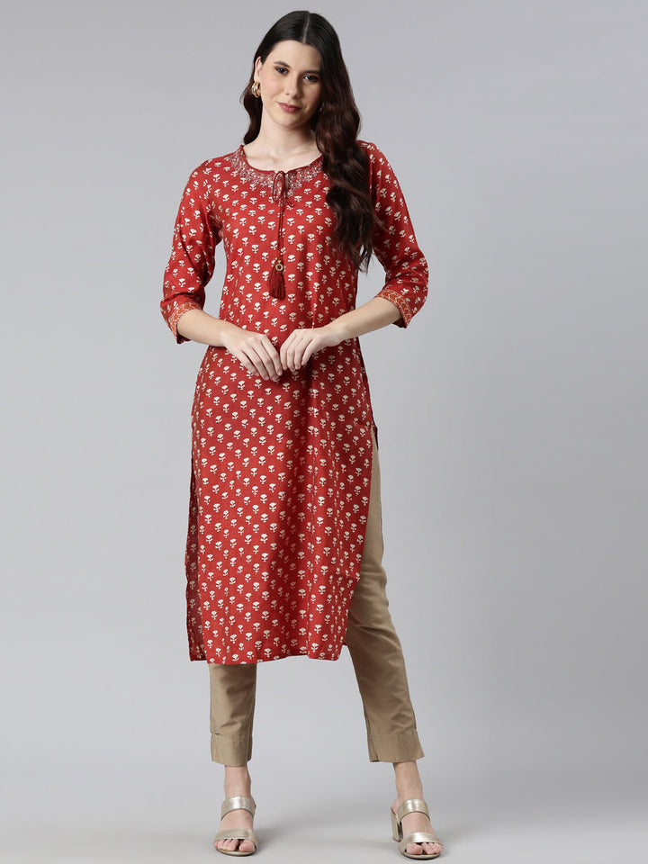 Neerus Orange modal floral printed kurti - detail view 2